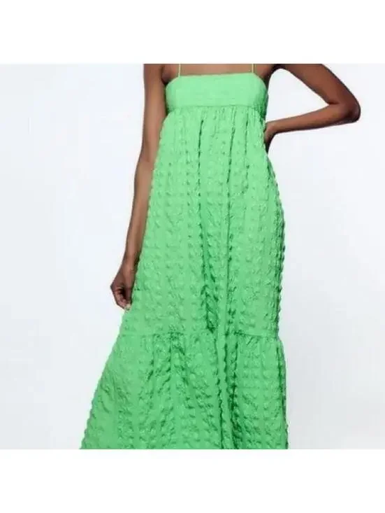 Zara green maxi textured dress with open back - Picture 1 of 6